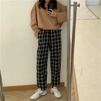 

Alien Kitty Korean Vintage Plaid Pants 2020 New Warm High Waist Trousers Plus Velvet Thick Casual Wide Leg Straight Sweatpants