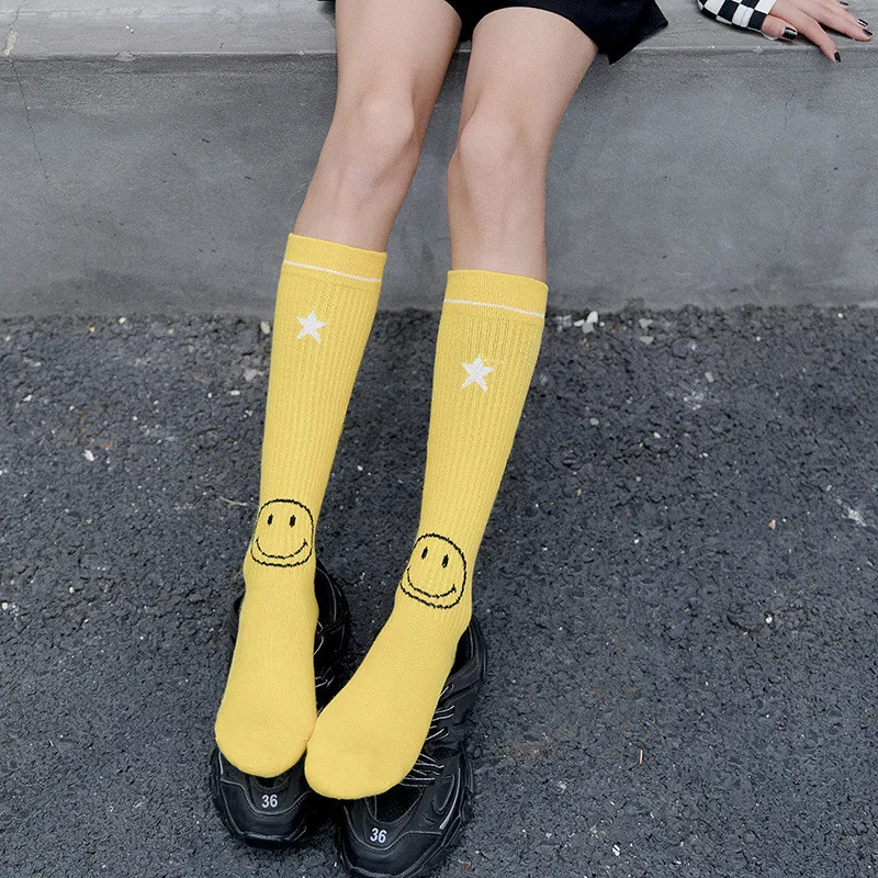 Harajuku Funny Winter Cute White Cool Cotton Black Socks Long Women Fashion Kawaii Smiley Face Streetwear Hip Hop Yellow Casual