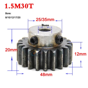 

1PCS 1.5 Modulus 30 Teeth Spur Gear Motor Metal Convex Gear Wheel Top Screw Bore 8/10/12/17/20mm Carbon Steel