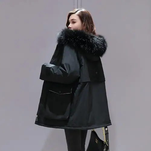 Зимняя пуховая куртка с хлопковой подкладкой размера плюс выше размера d, Женская Толстая теплая длинная парка Mujer, Женское пальто с большим меховым воротником и капюшоном - Цвет: Черный