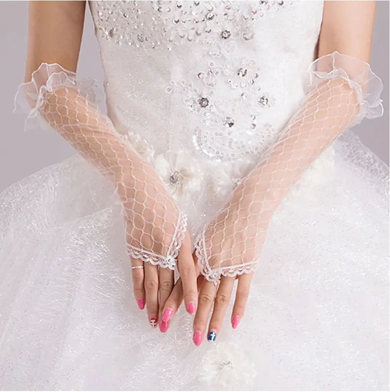 

New Style Wedding Bridal Banquet Long Gloves Lace Applique Tull Fingerless Party Accessories