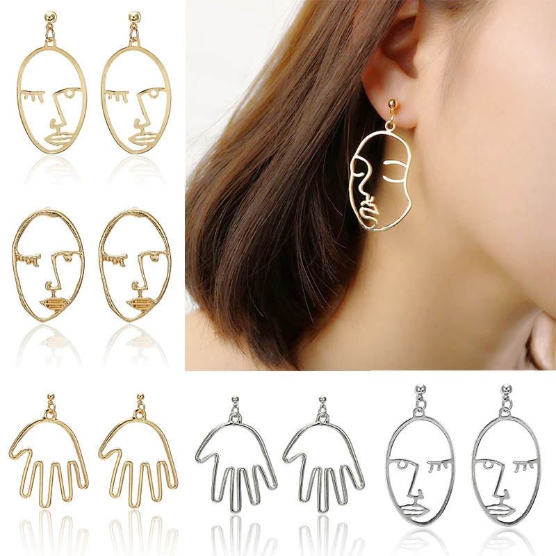 

Creative Abstract Stylish Human Face Dangle Earrings For Women Punk Retro Hollow out Fashion Statement Silver Gold Drop Earrings