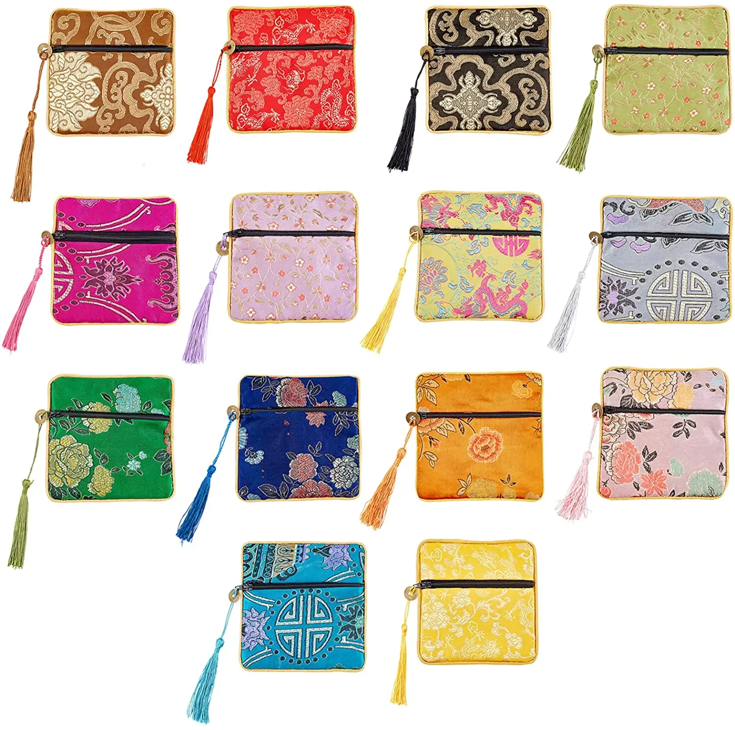 14 Pcs Jewelry Silk Pouches 14 Colors Chinese Silk Brocade Coin Purse