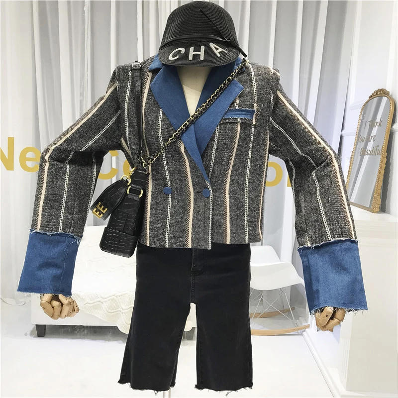 

Fall Designer Cropped Jacket Women Striped Spliced High Street Turn-down Collar Double Breasted Coats and Jackets Women 2019