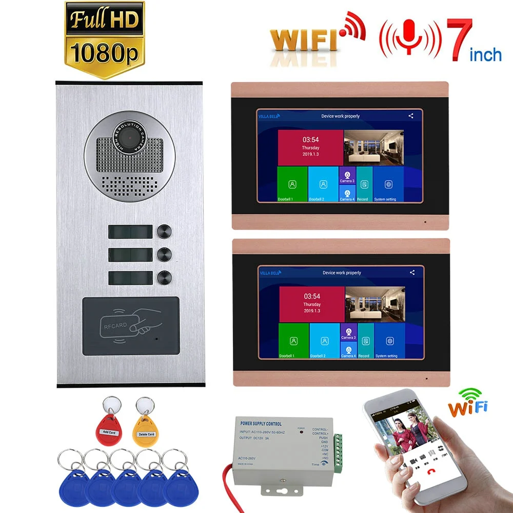 7inch Record Wired Wifi Video Intercom System 2 Apartments with RFID Door phone IR-CUT HD 1080P Doorbell Camera Unlock | Безопасность и
