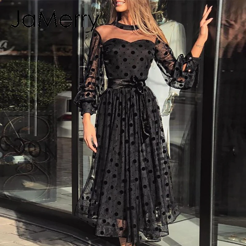 

JaMerry Hollow out polka dot lace dress women Mesh Through party dress Ladies elegant sash summer spring black dress Vestidos