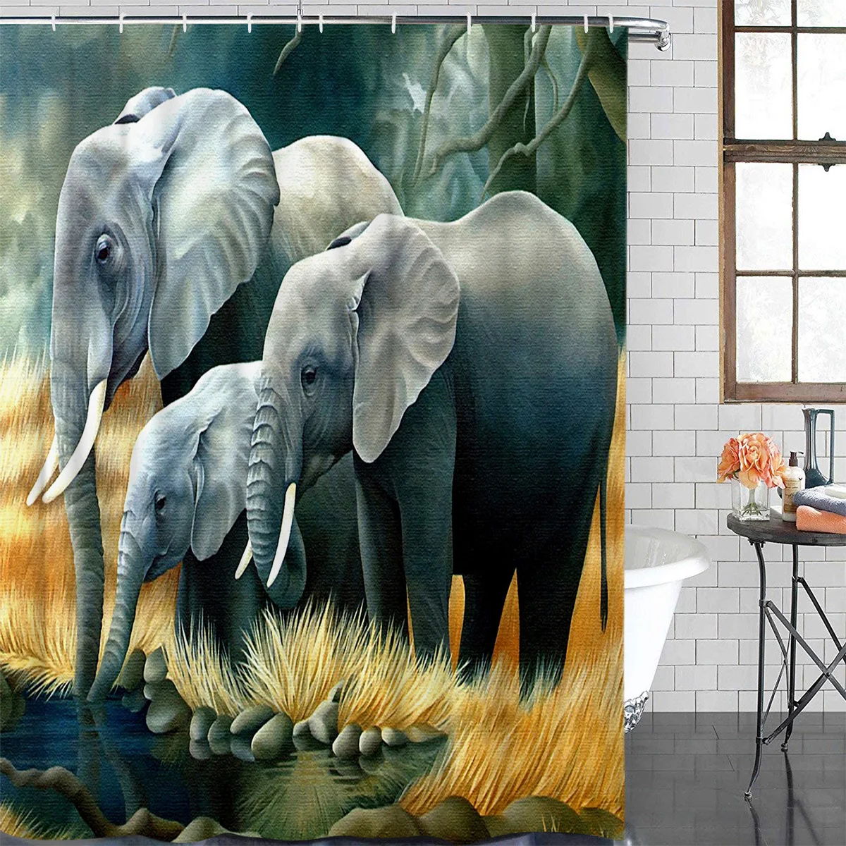 Eco Friendly Shower Curtain African Animal Elephant Printed Shower