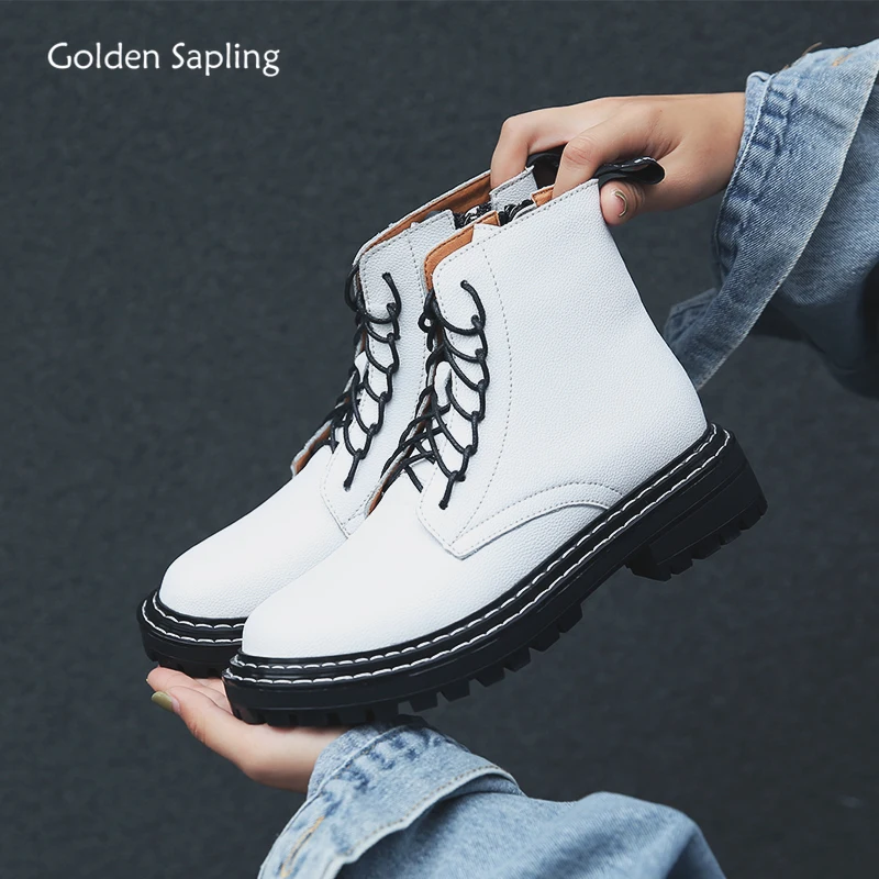 Golden Sapling Platform Boots Women Outdoor Tactical Shoes White Genuine Leather Classic Wedge Sneakers Women's Trekking Boots