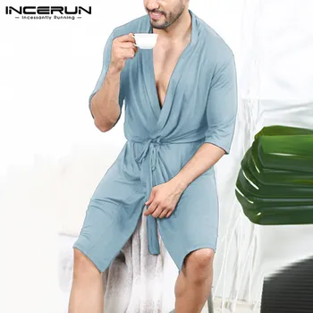 

2020 Summer Men Robes Solid Color Kimono Leisure Half Sleeve V Neck Couple Bathrobe Men Fashion Comfortable Nightgown INCERUN