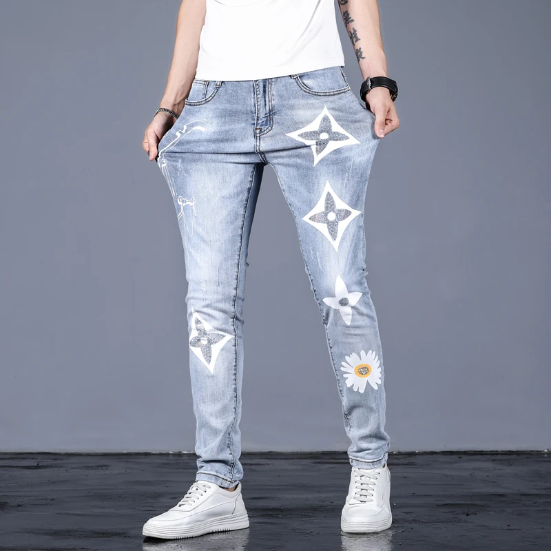 Men's Fashion Chrysanthemum Print Jeans 
