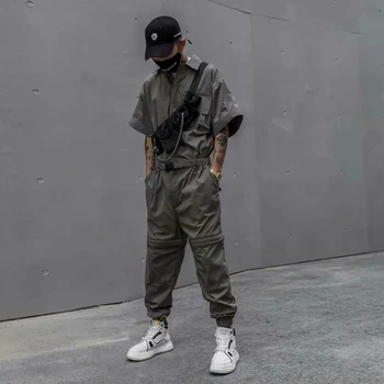 

Male Streetwear Overalls Jumpsuit Harem Trousers Men Summer Removable Leg Hip Hop Short Sleeve Casual Jumpsuit Cargo Pant
