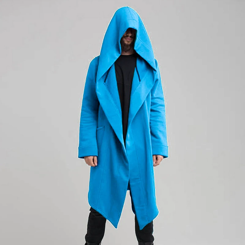blue Красивый мужской Тренч с капюшоном, однотонный Тренч с длинным рукавом, верхняя одежда, уличная одежда, весна-осень, мужская длинная куртка, кардиган - Цвет: blue