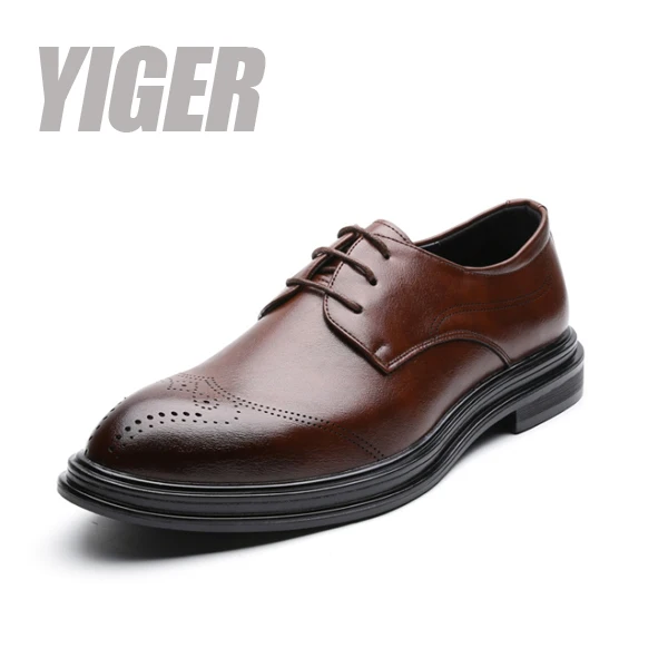 YIGER Для мужчин нарядные туфли мужские businness туфли женские туфли из мягкой кожи Большие размеры увеличивающий высоту обувь мужская обувь для торжественных мероприятий, черные свадебные туфли 0365 - Цвет: Brown dress shoes