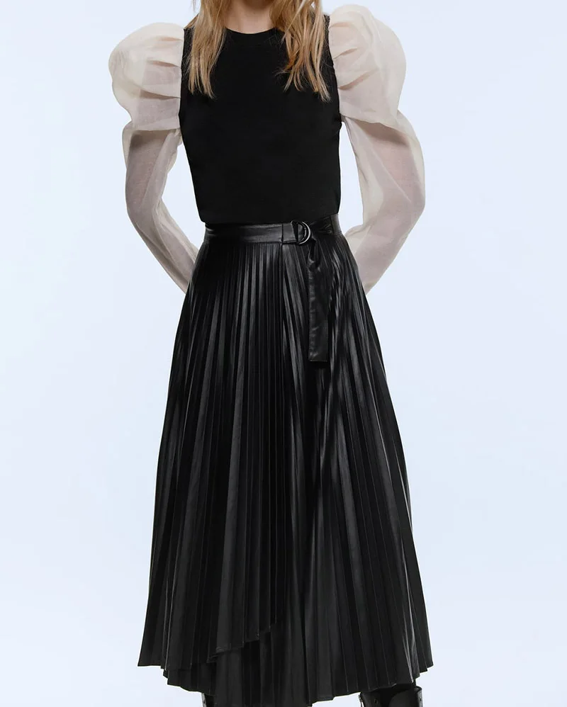 Модная плиссированная юбка для женщин Женская Одежда для танцев бальное платье черная искусственная кожа Faldas Mujer Moda Mujer до середины икры Za
