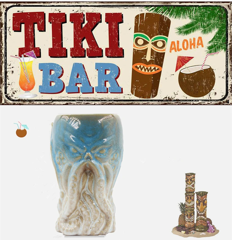 New American Style Octopus Old Man Design Tiki Cup Hawaii Ceramics Cocktail Glass Creative Cuttlefish Mojito Bar Party Wine Cup