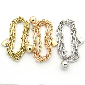 

fashion women lock bracelet luxury brand jewelry double layer round mental ball link chain bracelet stainless steel jewelry
