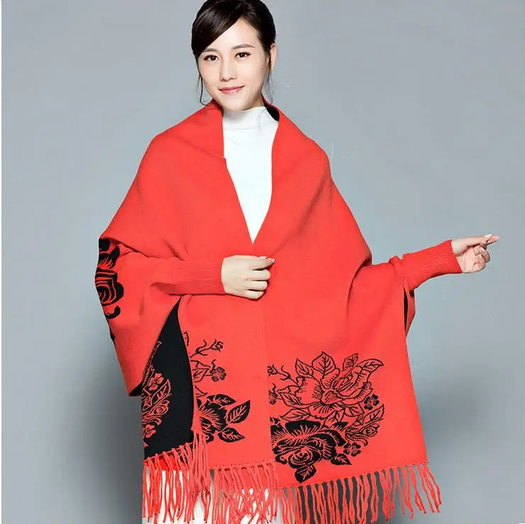Брендовый зимний шарф женский шерстяной черный красный с рукавом кашемировое пальто плащ утепленный двухсторонний воздушный двусторонний шаль