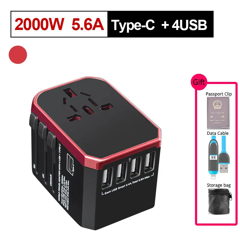 Red 4USB Type c Universal Travel Adapter Plug International Adapter Converters With 4 USB+ 1 Type-C Charging Ports Wall Charger Plug KY54 - Цвет: Red 4USB Type c