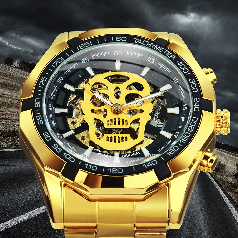 WINNER Mens Watches Top Brand Luxury Golden Auto Mechanical Watch Men  Stainless Steel Strap Skeleton Skull Cool Chic relogio