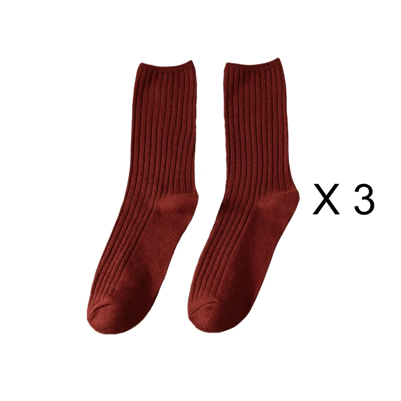 Elegant Retro Solid Color Long Cotton Socks for Women - 3 Pairs/Lot, Breathable Japanese Style Casual Wear