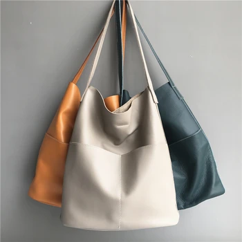 

2020 New High Quality Women Simple Cowhide Handbags Casual Bucket Bag Summer Shoulder Portable Large Bag Women Leather Handbags