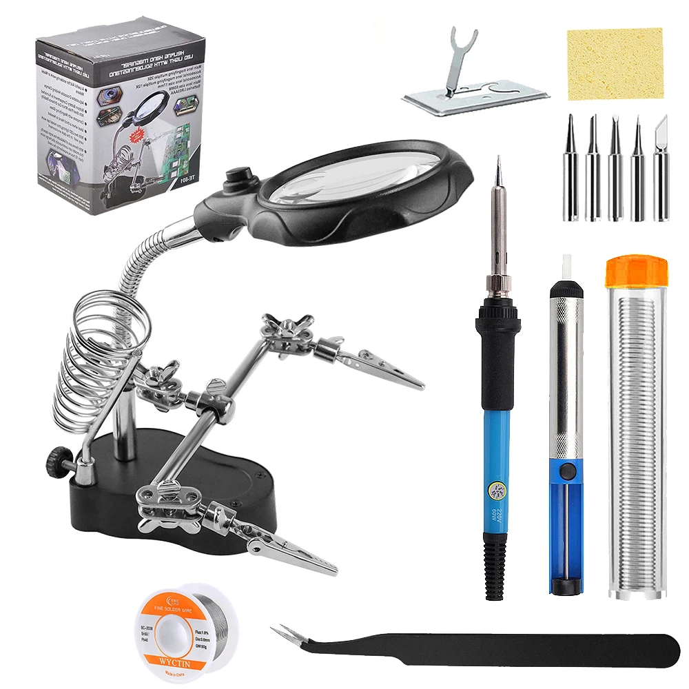 Soldering Iron Welding Magnifying Glass 2 LED 3X 4.5X 25X Helping Hand Rework Magnifier with 3 Tools Boxes Desk Station Repair