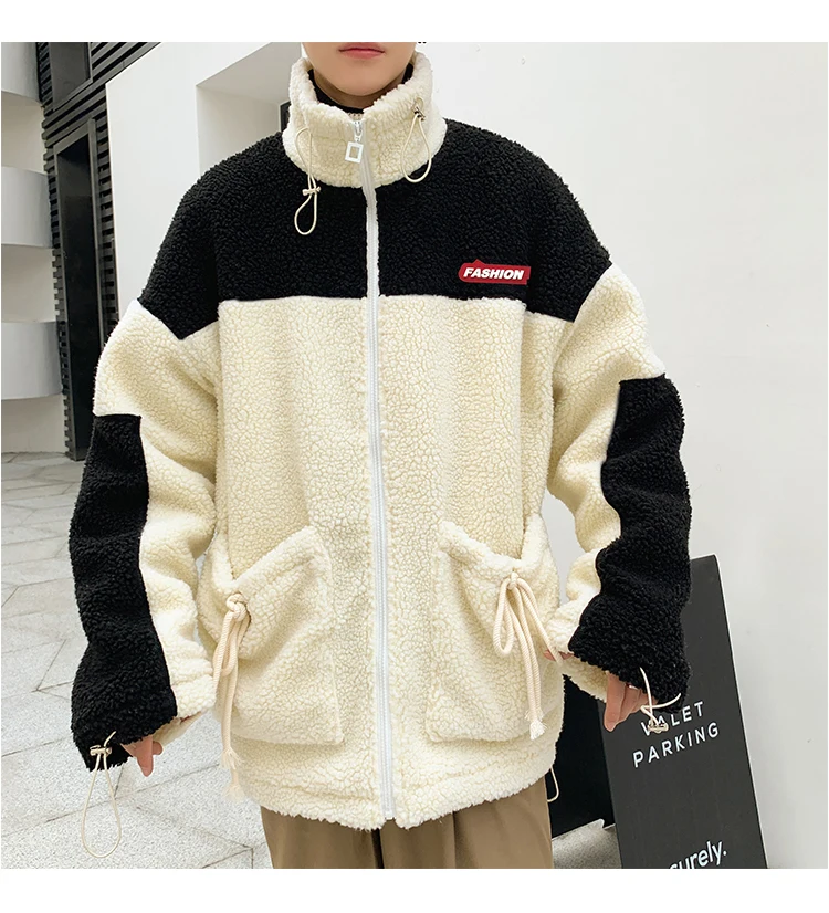 Winter new collection of patchwork printed thick and fleecy hooded padded clothes loose casual personality youth men's wear
