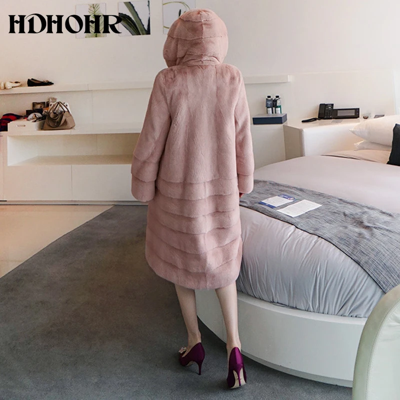 HDHOHR новая норковая шуба женская длинная модная Высококачественная норковая шуба несколько цветов настоящие норковые меховые куртки с шапкой