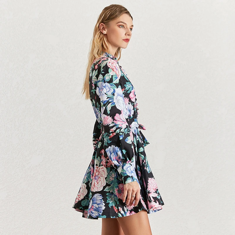 TWOTWINSTYLE Print Dress For Women Stand Collar Lantern Sleeve High Waist Bandages Mini Dresses Female Fashion Summer