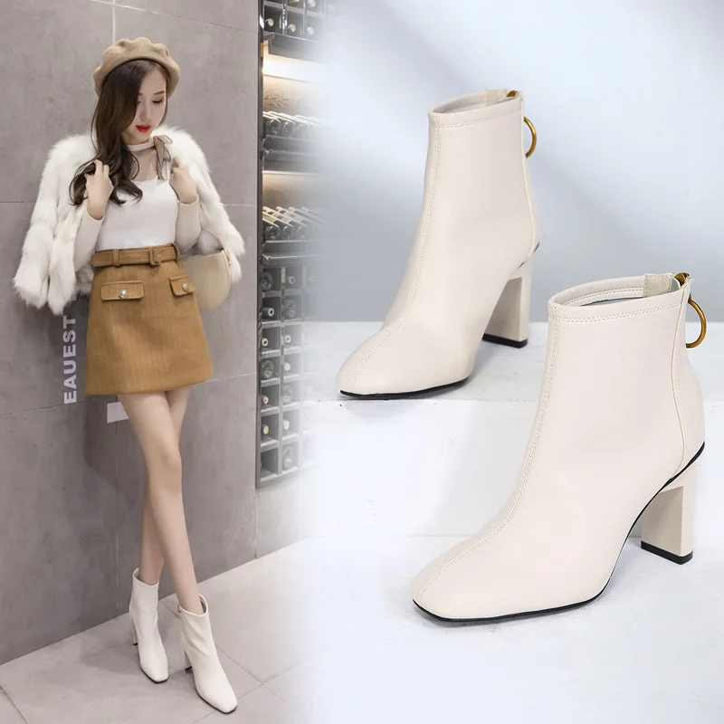 

2019 autumn and winter new thick with ankle boots Korean version of the square head high heel boots
