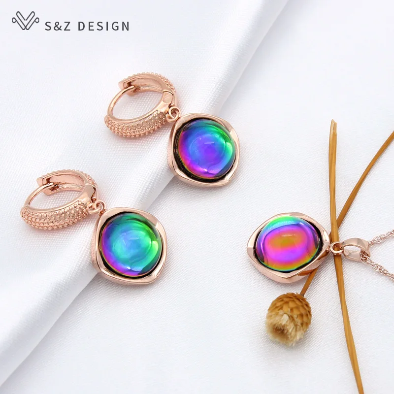 S&Z DESIGN Elegant Round Colorful Crystal Dangle Earrings Jewelry Sets For Women Girls Wedding Party Fashion Pendant Necklace