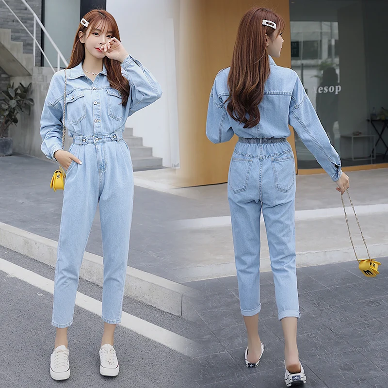 New Blue Bodycon Jeans Jumpsuit Women Elastic High Waist Rompers Pocket Long Sleeve Bodysuit Fashion Tunic Ladies Denim Overalls