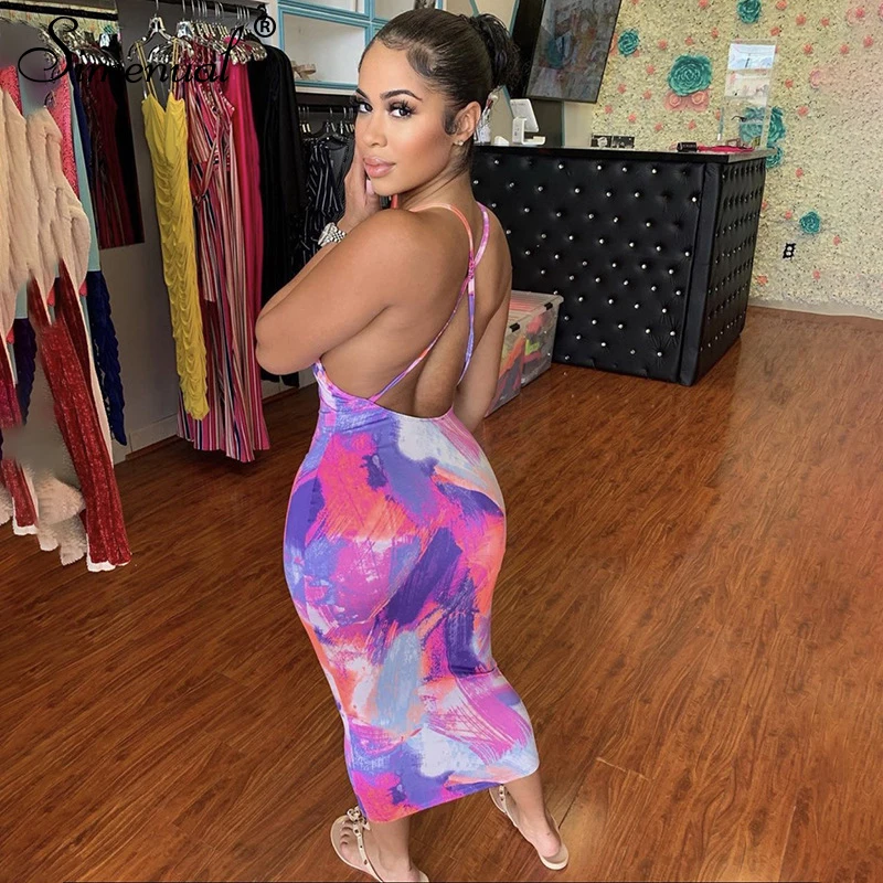 Simenual Backless Criss Cross Hot Sexy Midi Dresses Women Strap Sleeveless Party Clubwear Tie Dye Print Skinny Bodycon Dress New Simenual Backless Criss Cross Hot Sexy Midi Dresses Women Strap Sleeveless Party Clubwear Tie Dye Print Skinny Bodycon Dress New