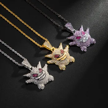 

VOQ New Arrival Pokemon Pendant Full Cubic Zircon Necklace Iced Out Chain Jewelry Gifts Mask Gengar Necklace for Women Men