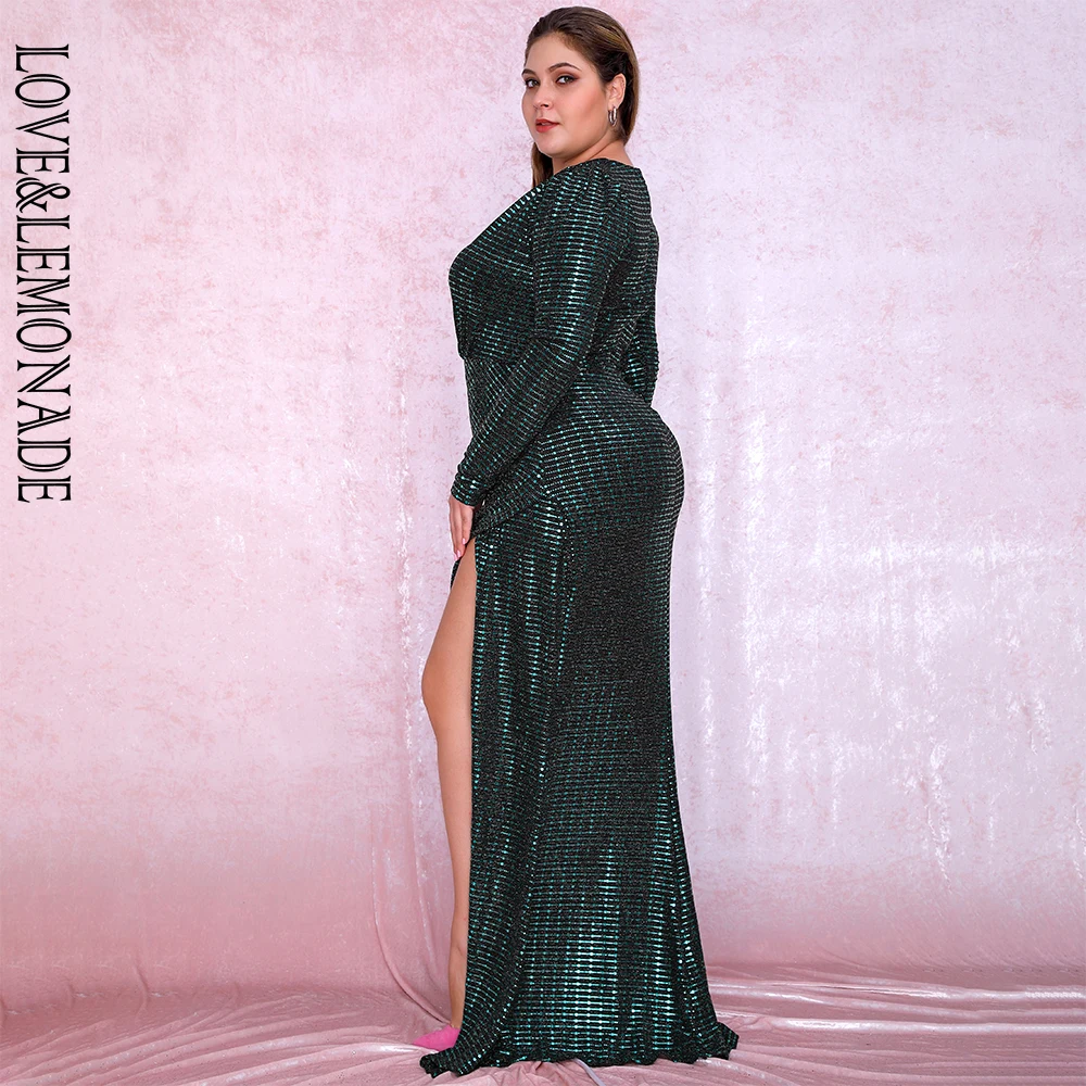 LOVE& LEMONADE размера плюс зеленый глубокий v-образный вырез пышные рукава блеск эластичный материал Макси платье LM81715PLUS осень/зима