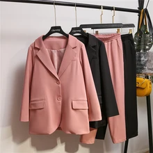 Весенние повседневные женские брюки костюмы зубчатый блейзер с воротником куртка и эластичная талия карандаш брюки розовый женский костюм осень плюс размер 5XL
