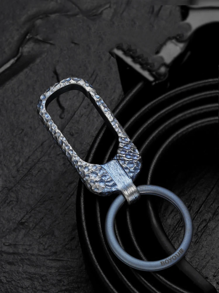 High-grade Burnt Blue Crater Handmade Titanium Alloy Keychain Men And Women Simple Luxury Car Key Chain Strong Durable