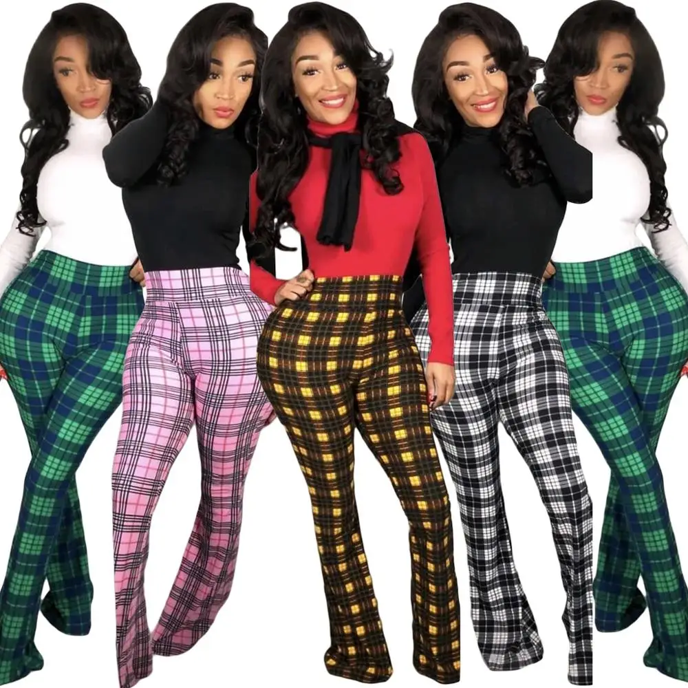 

Fashion sexy personality autumn plaid casual bell pants cross-border 2019 women's clothing