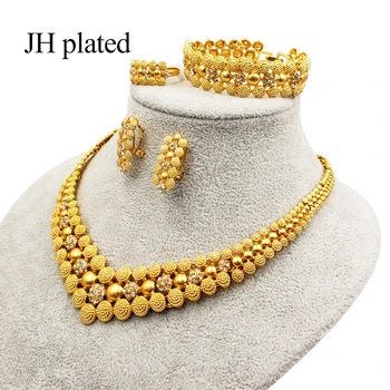

Dubai women fashion Gold Color Jewelry sets Arab wedding Gifts Turks Africa Ethiopia madam Necklace Earrings Ring Bangle sets