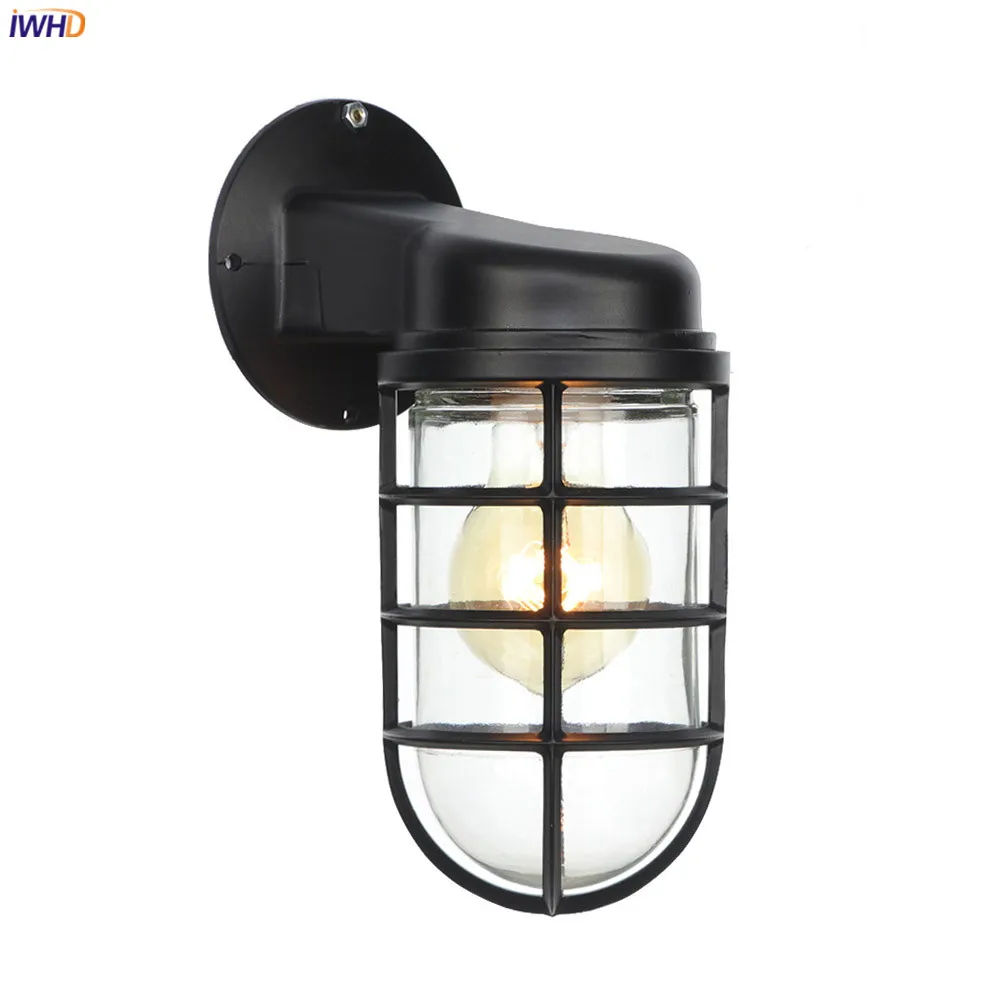 IWHD American Country Retro LED Wall Lights For Home Lighting Black Metal Bathroom Mirror Stair Light Glass Vintage Wall Lamp