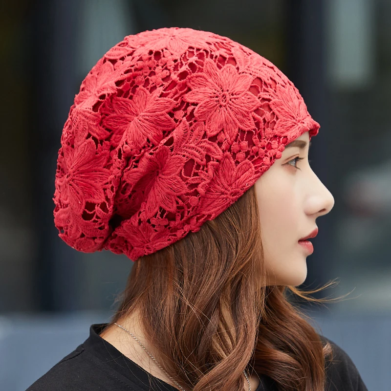 Women hats spring summer thin bonnets for women designer lace flower skullies headscarf hat autumn latest turban beanies fashion - 2