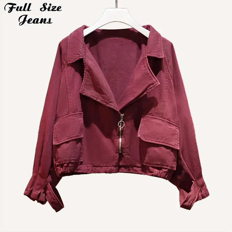 Plus Size Turn-down Collar Cropped Diagonal Zipper Punk Jeans Jackets 4XL 5XL Slim Wine Red Denim Bomber Coat Outwear |