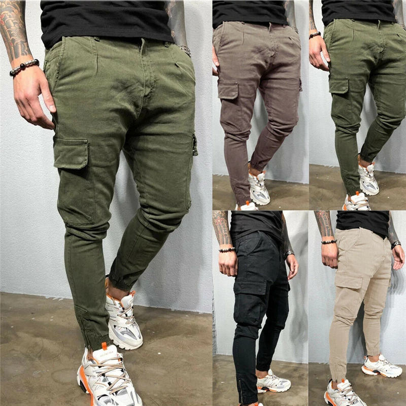Новые мужские модные брюки-карго хип-хоп с карманами, облегающие длинные брюки, мужские весенне-осенние джоггеры, повседневные однотонные узкие брюки, большие размеры