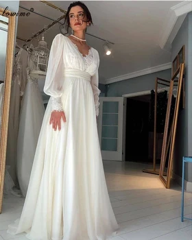 

Simple Ivory Chiffon Boho Wedding Dresses 2020 A-Line Long Sleeves Lace Wedding Gowns Backless Vestido De Noiva Wedding Party