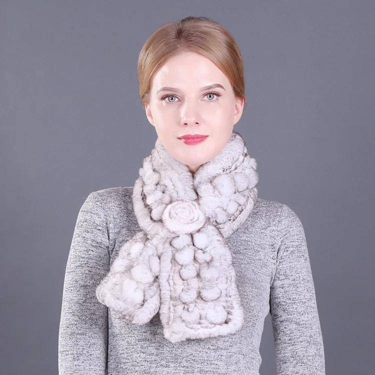 Lovely Real Natural Rex Rabbit Fur Scarf Women Rabbit Fur Ring Scarfs Real Knitted Genuine Rex Rabbit Fur Shawl Scarves - Color: color2