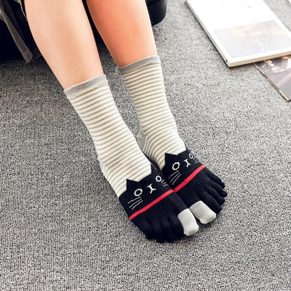 Long Cute Socks Women Cat Socks Cotton Socks Cartoon Stripe Five Finger calcetines mujer divertido chausette femme носки хлопок
