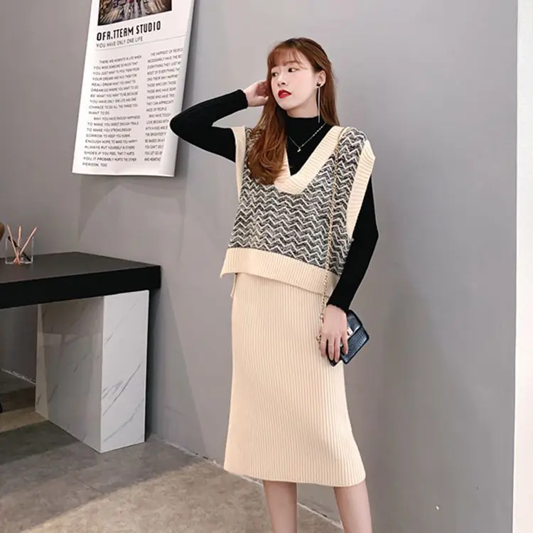 Beige Модные женские костюмы женские осень и зима стиль рубашка с длинным рукавом трикотажная облегающая юбка свитер контрастного цвета Ves - Цвет: Beige