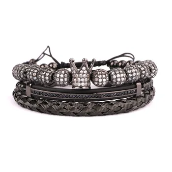 Luxury Men Jewelry Bracelet Set CZ Pave Crown Ball Beaded Handcraft Adjustable Bracelet Men
