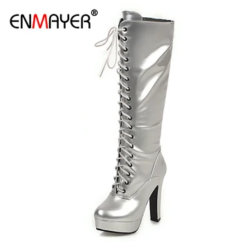 

ENMAYER Cross-tied Knee-High Long Boots Round Toe Square Heel PU Zip Basic Winter Shoes Women Silver Gold Super High Short Plush