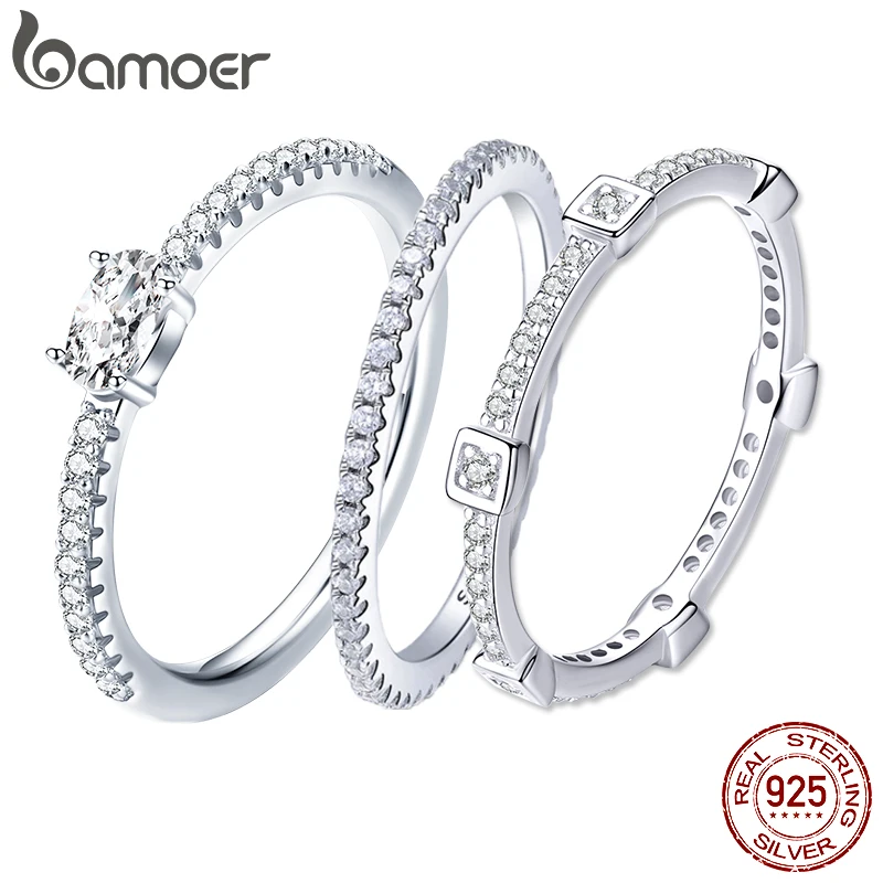 

BAMOER 100% 925 Sterling Silver Geometric Square CZ Finger Ring for Women Statement Eternity Ring Fine Jewelry Engagement Gift